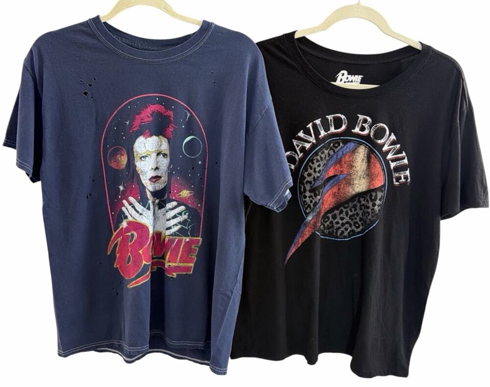 David Bowie T-Shirts Bundle Of 2 Womens Large Black Blue Distressed Casual Rock
